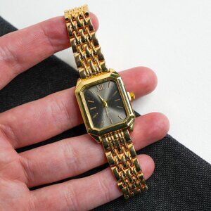 Gold Rectangle Analog Watch Dark Gray Dial